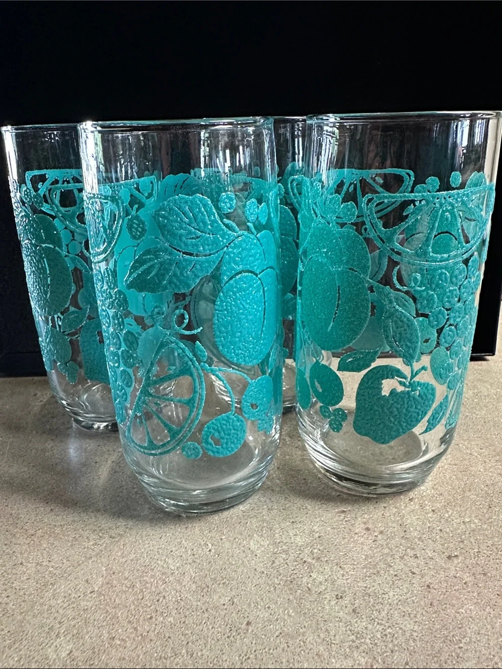 Vintage Libbey Teal Turquoise Fruit Textured Non Slip Glasses Set of 4 16oz